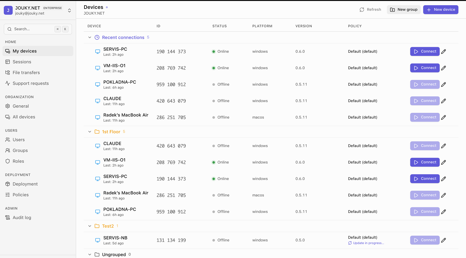 The ShareGlo device list grouped by location, showing online status, platform and version for each machine.