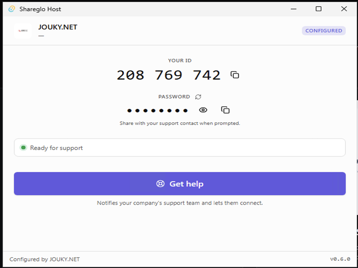 The ShareGlo Host app running unattended on a remote computer.